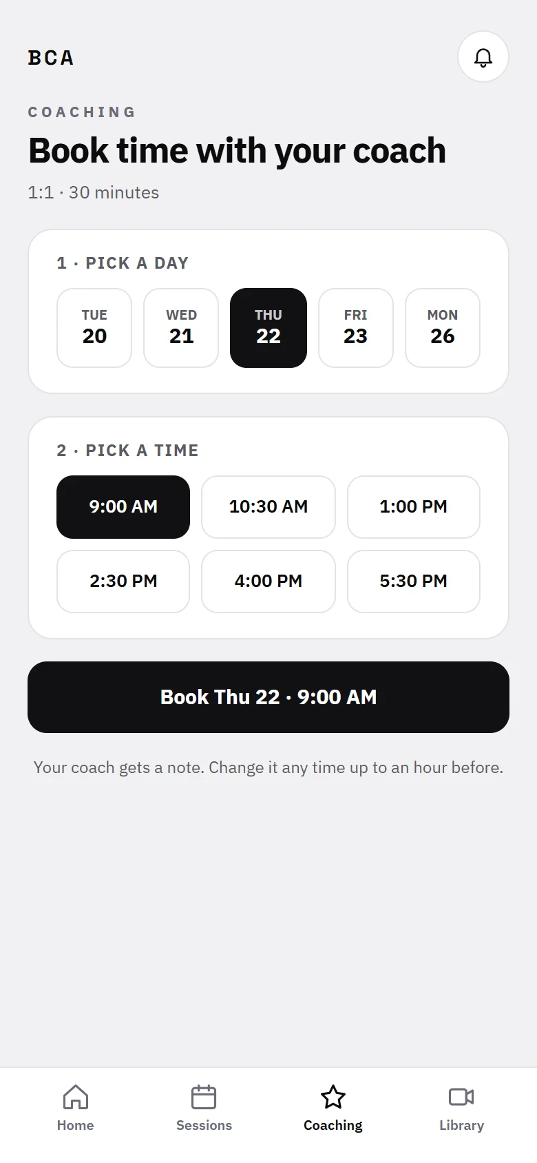 The BCA dashboard on a phone: the 1:1 coaching screen, where a member books time with their coach.