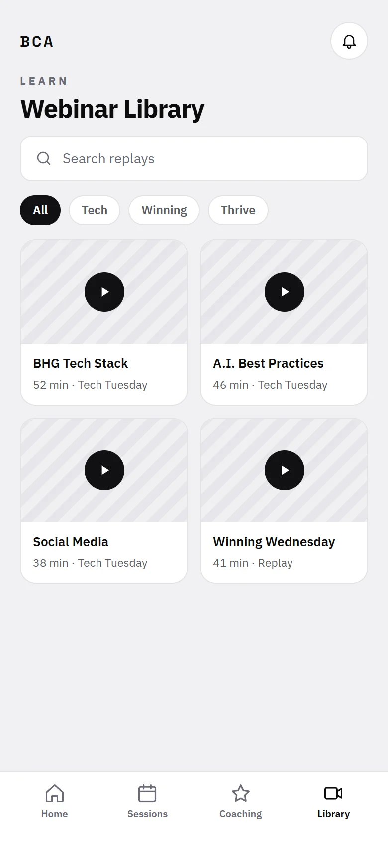 The BCA dashboard on a phone: the webinar library, with replays to watch.