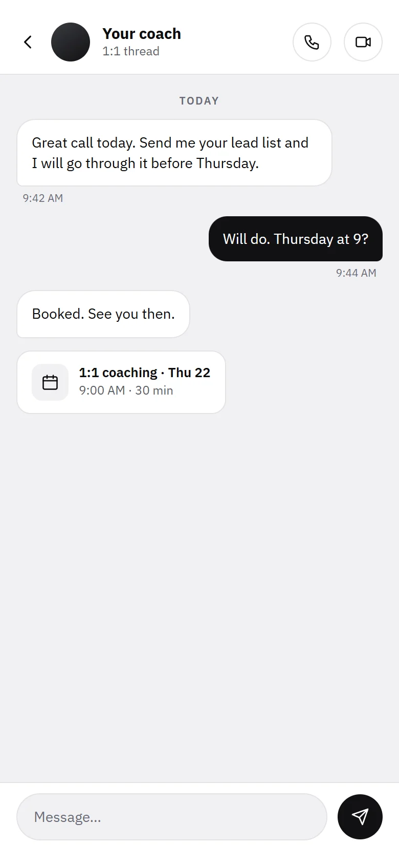 The BCA dashboard on a phone: the message thread with a coach.